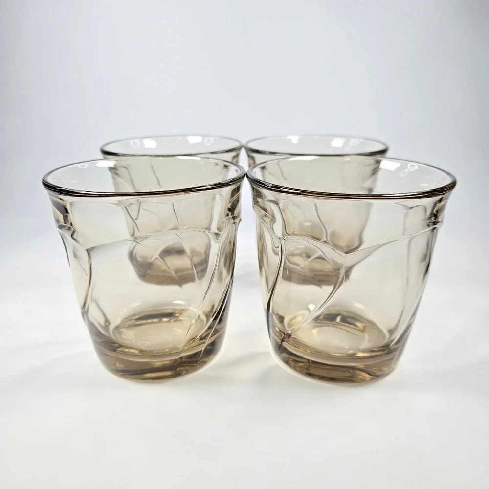 4 Vintage Noritake Sweet Swirl Double Old Fashioned DOF Brown Smoke Glasses EUC‎